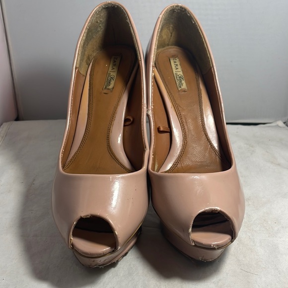 Zara Blush Pink Nude Platform peep toe patent leather heels w/extra heel caps 40
